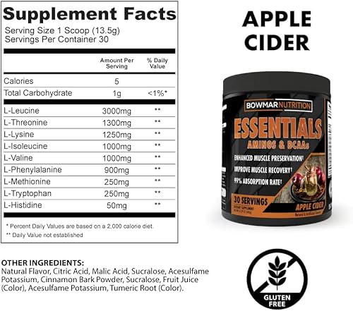 Miniatura 2 de BOWMAR NUTRITION Essentials, Aminos y BCAA en polvo, 30 porciones, tasa de absorción del 99% (sidra de manzana)