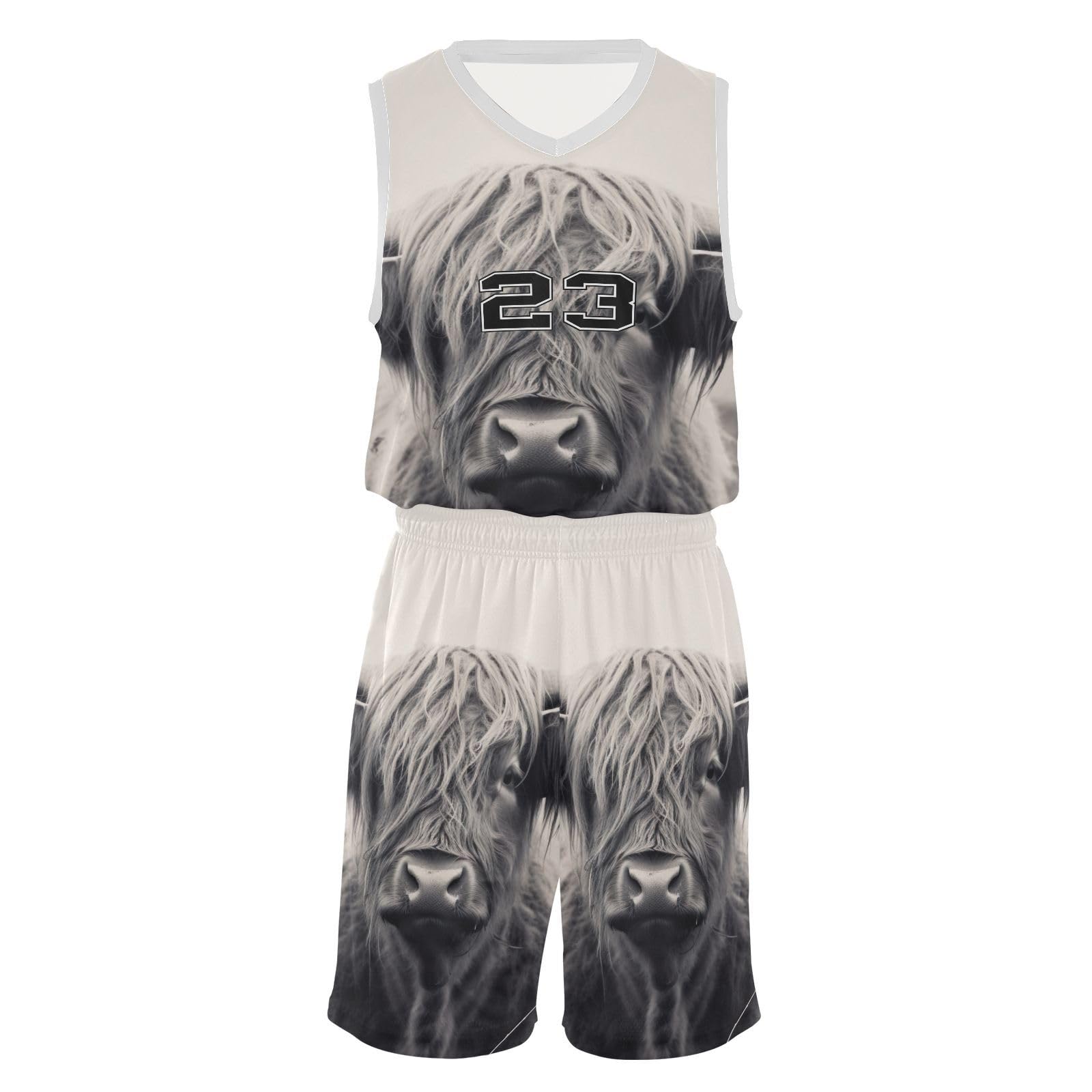 FLildon Highland Cow Boys Basketball Jersey Set Tank Top Shorts Tracksuit Sport Training Suit for Kids, L