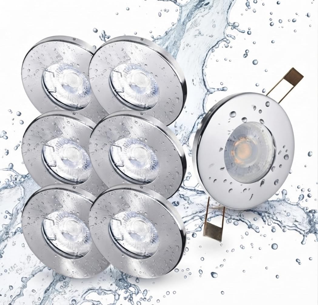Trango 6er Set 6729IP-068MCOBSD LED Einbaustrahler IP44 aus Edelstahl poliert in Rund inkl. 6x 5 Watt 3 Stufen dimmbar LED Modul 3000K warmweiß Ultra flach für Bad, Außen, Deckenstrahler, Einbauspot