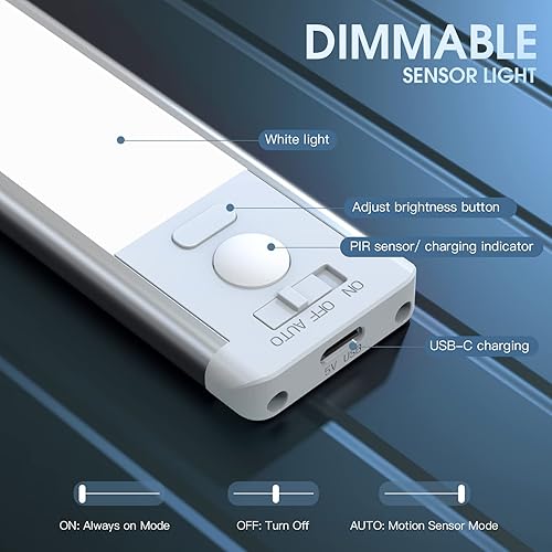 Miniatura 10 de Luces para debajo del gabinete, 40 luces LED recargables con sensor de movimiento para interiores, paquete de 2 luces magnéticas regulables para