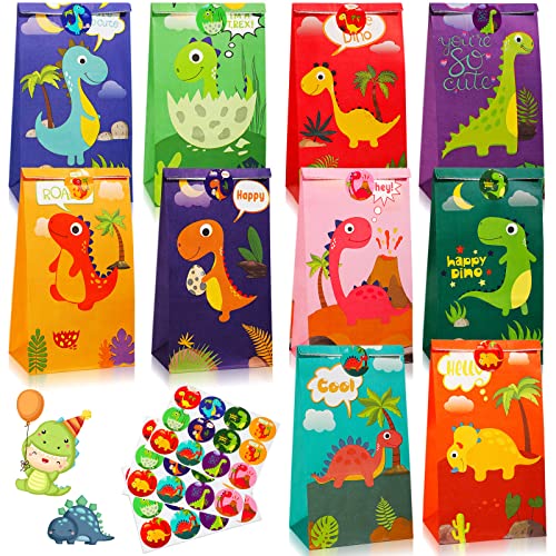 Containlol 30 Pack Dinosaur Party Gift Bags Little Dinosaur Goodie Candy Bag with Matching Stickers Party Favor Supplies for Dinosaurs Themed Birthday Baby Shower(Classical)