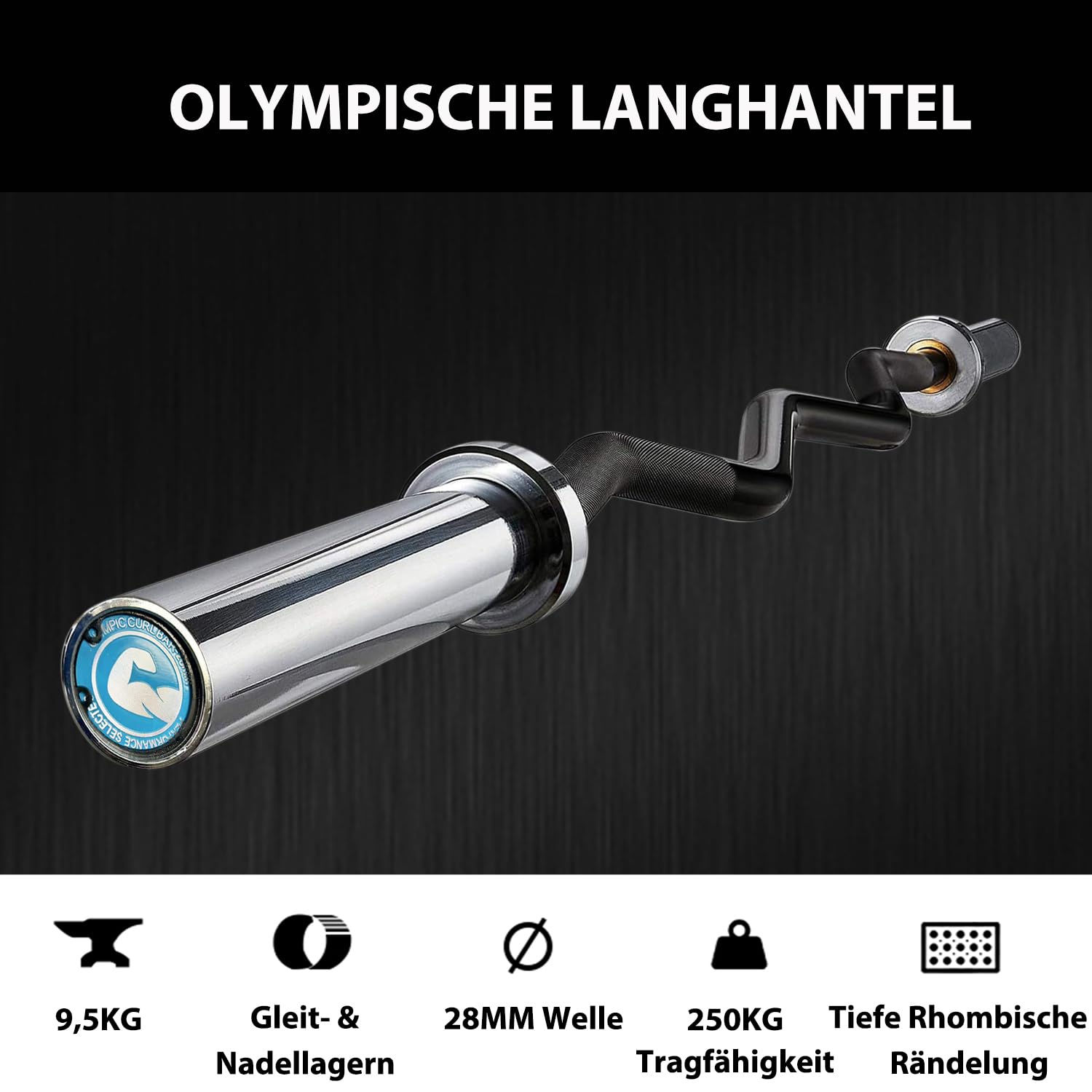 Olympische Langhantel 50mm für Krafttraining – Professionelle SZ-Curlstange für Gewichtheben Hüftstöße Kniebeugen Bizeps – 250kg Maximale Tragkraft Langhantelstange für das Heim-Fitnessstudio