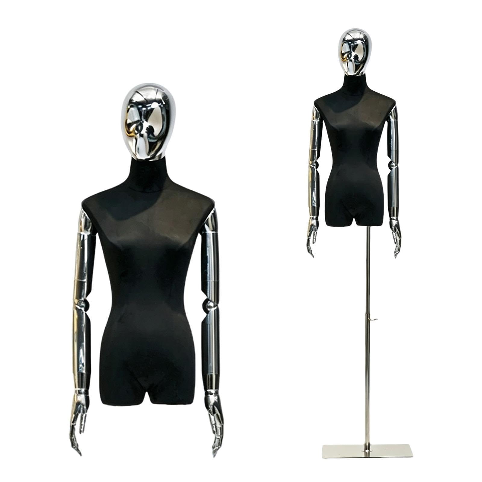Torso Manichino Donna Altezza Regolabile, Bracci Articolati Argentati | Altezza Regolabile 190cm, Base Acciaio Inox, Mani Articolate, Torso Tessuto Morbido, Esposizione Boutique(Black)