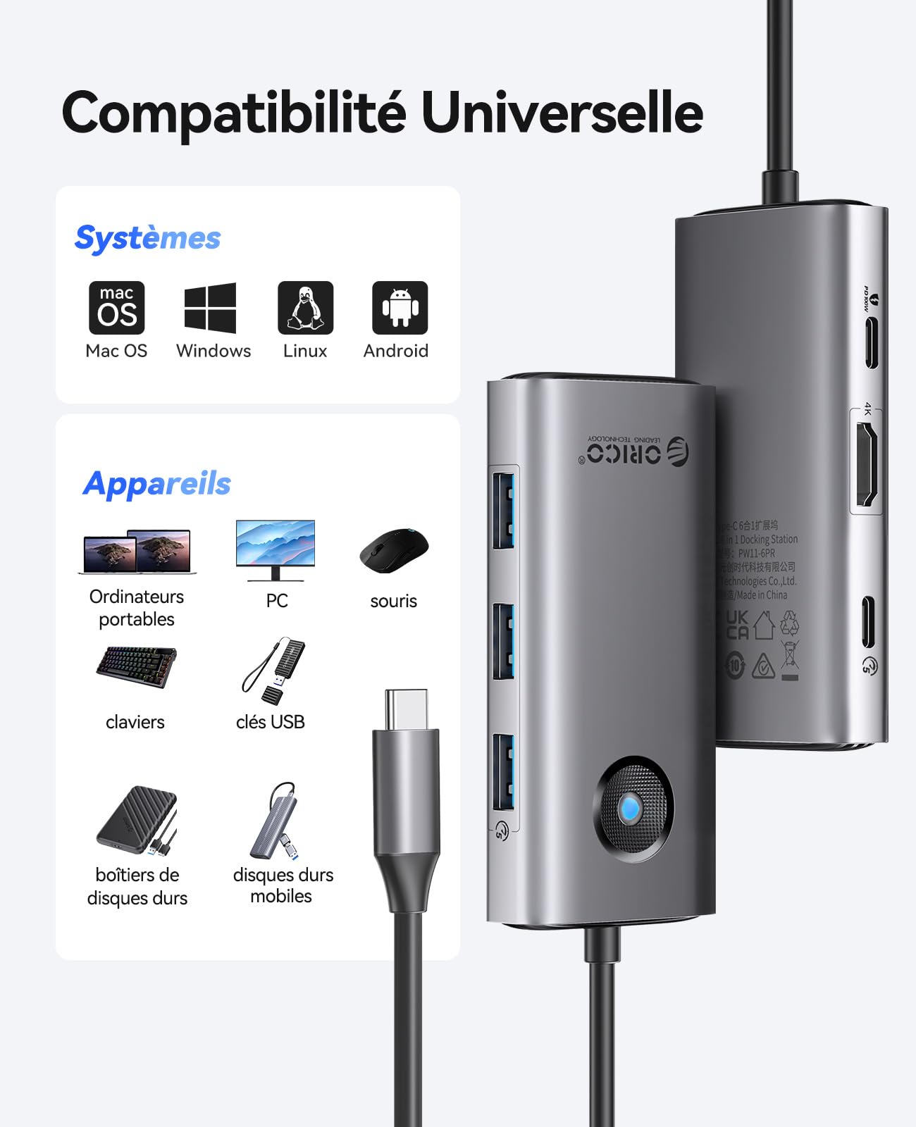 ORICO Station d'accueil, 6 en 1 Hub USB C avec HDMI 4K@30Hz, PD 100 W, 4 Ports USB 5Gbps, Adaptateur USB C vers USB 3.0 Compatible avec MacBook Pro Air XPS HP