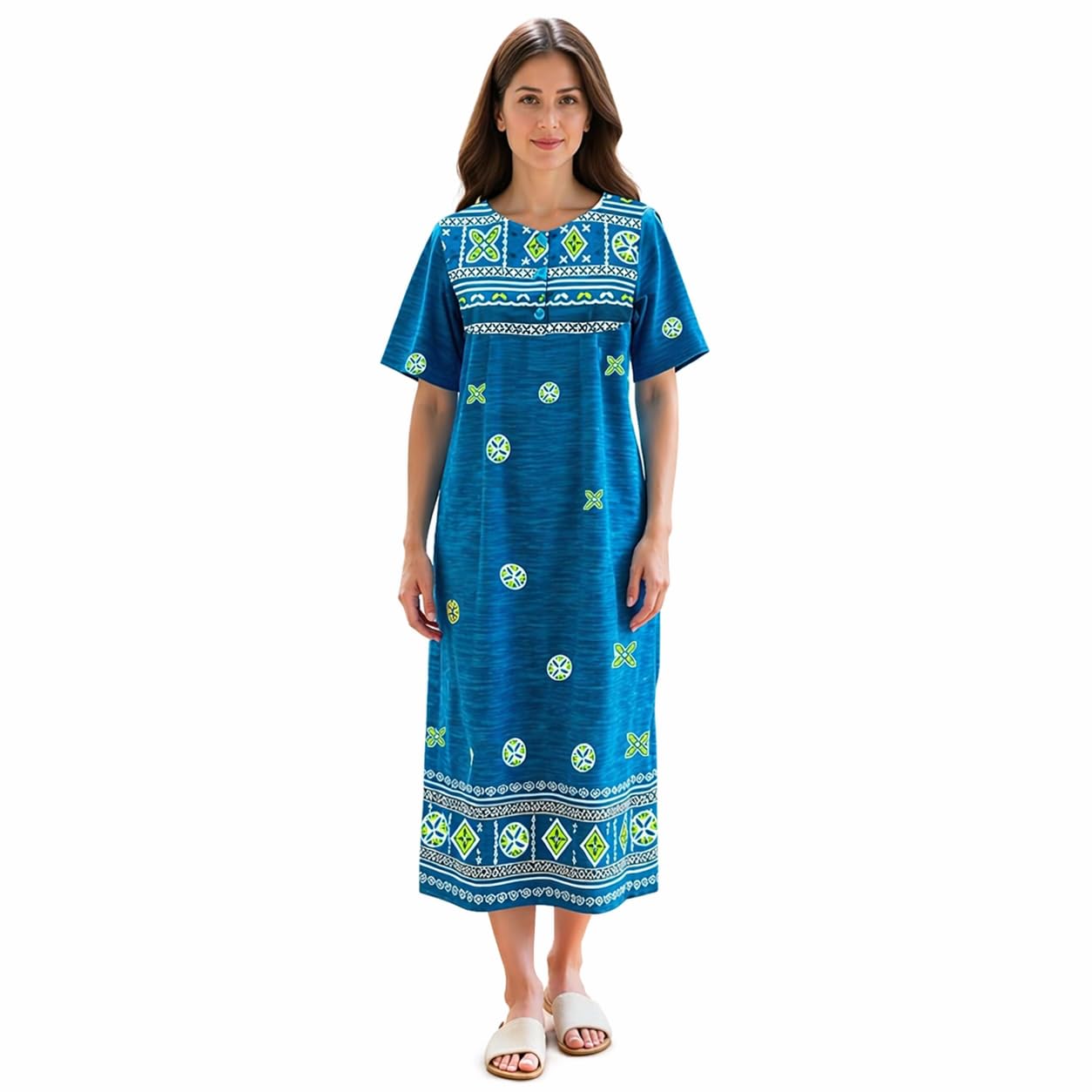 Loungees Border Print Cotton Lounge DressHouse DressCaftan | 3 Button Bib Yoke Short Sleeve product thumbnail 2