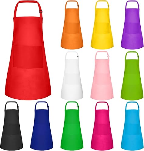 MEEZY Paquete de 12 delantales para niños con bolsillos ajustables, delantal de pintura para niños, delantal de chef para niños, pintura, cocina,