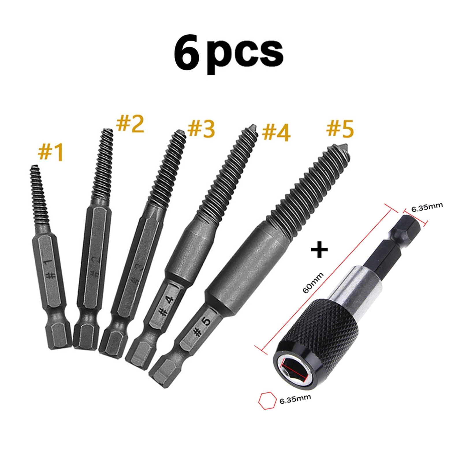 6/5 pezzi Estrattore per viti rotte Estrattore per viti danneggiate e spanate Set di estrattori per viti con gambo esagonale Denti fini Strumento di rimozione dei bulloni danneggiati Kit di facile u