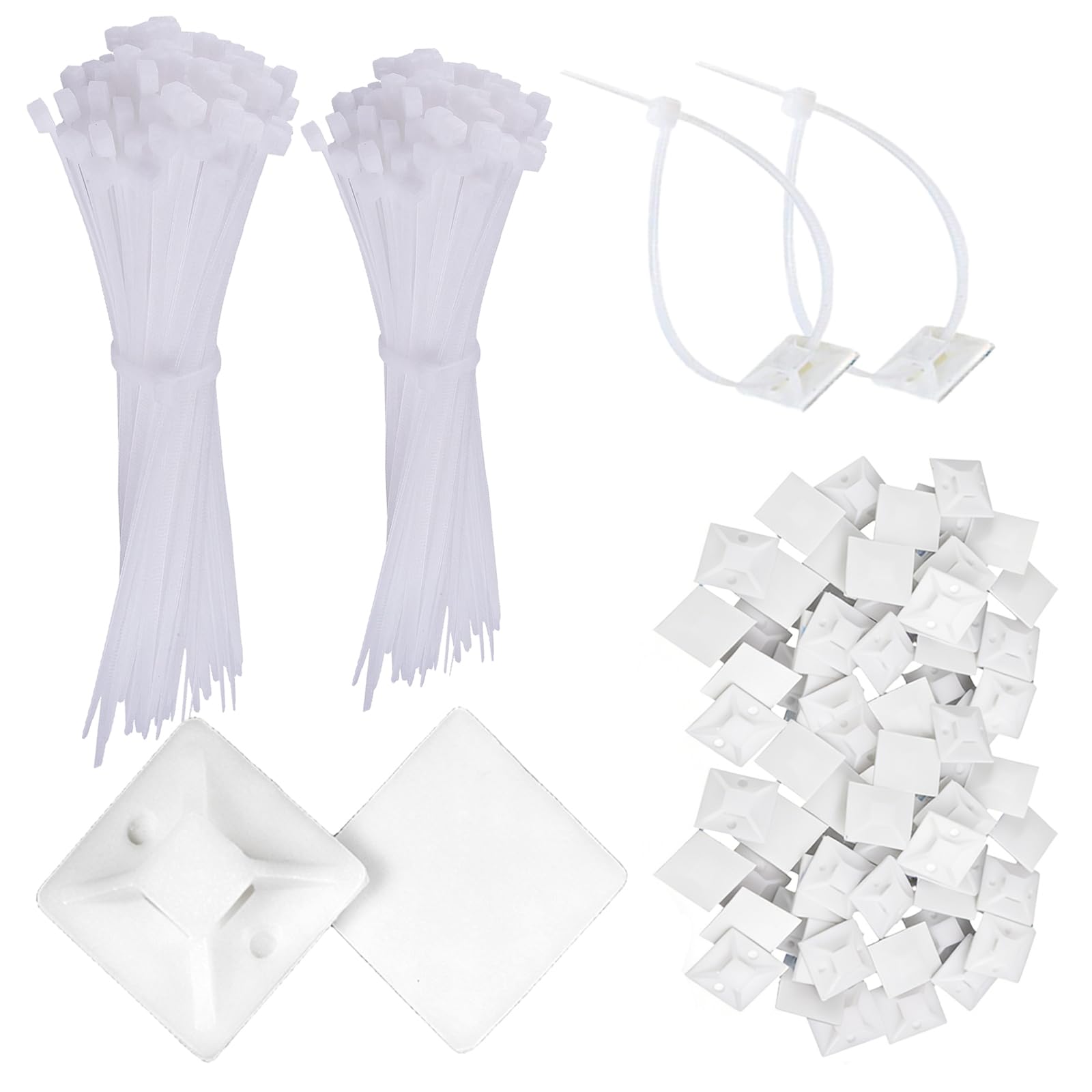 200Pcs White Cable Ties Set,Self Cable Ties Adhesive Mounts,120mm/150mm and 100Pcs Strong Self Adhesive Base Pads,Cable Tie Pads Organizer with Cable Tie Sticky Pads for Home Office Garage Workshop