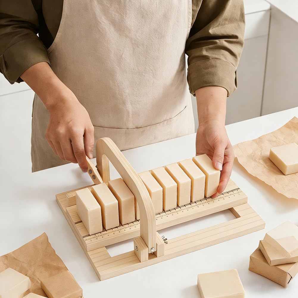 AHANDMAKER Seifenschneider Aus Holz Verstellbarer Drahtschneider Mit Holzsockel Schneidewerkzeug Für Handgemachte Seife Kerzen DIY Seifenherstellung 100x100x15mm