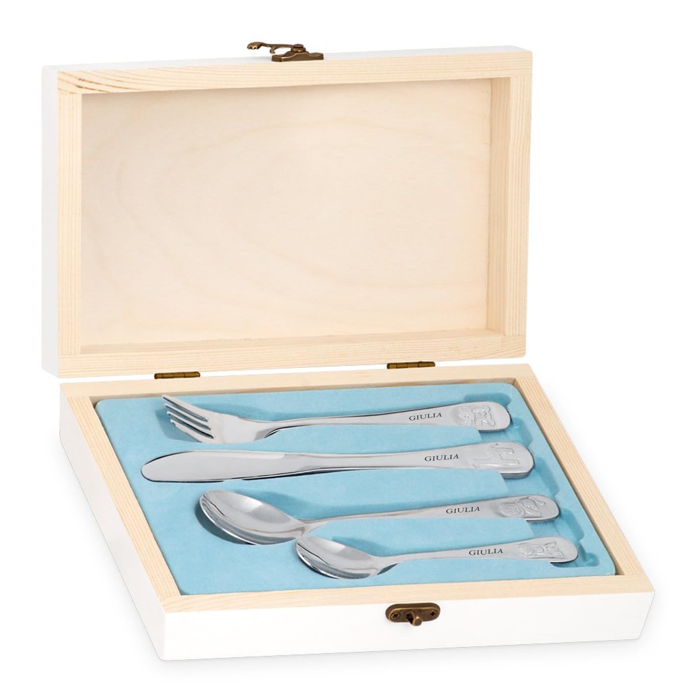 Maverton Set di 4 posate per bambini con incisione + scatola in legno con stampa personalizzata - motivo animali - idee regalo per il battesimo bimbo - pensiero