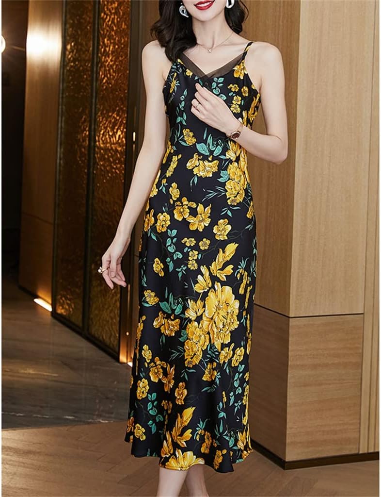 Sexy ice silk suspender pajamas large women's floral silk dress pajamas home clothes