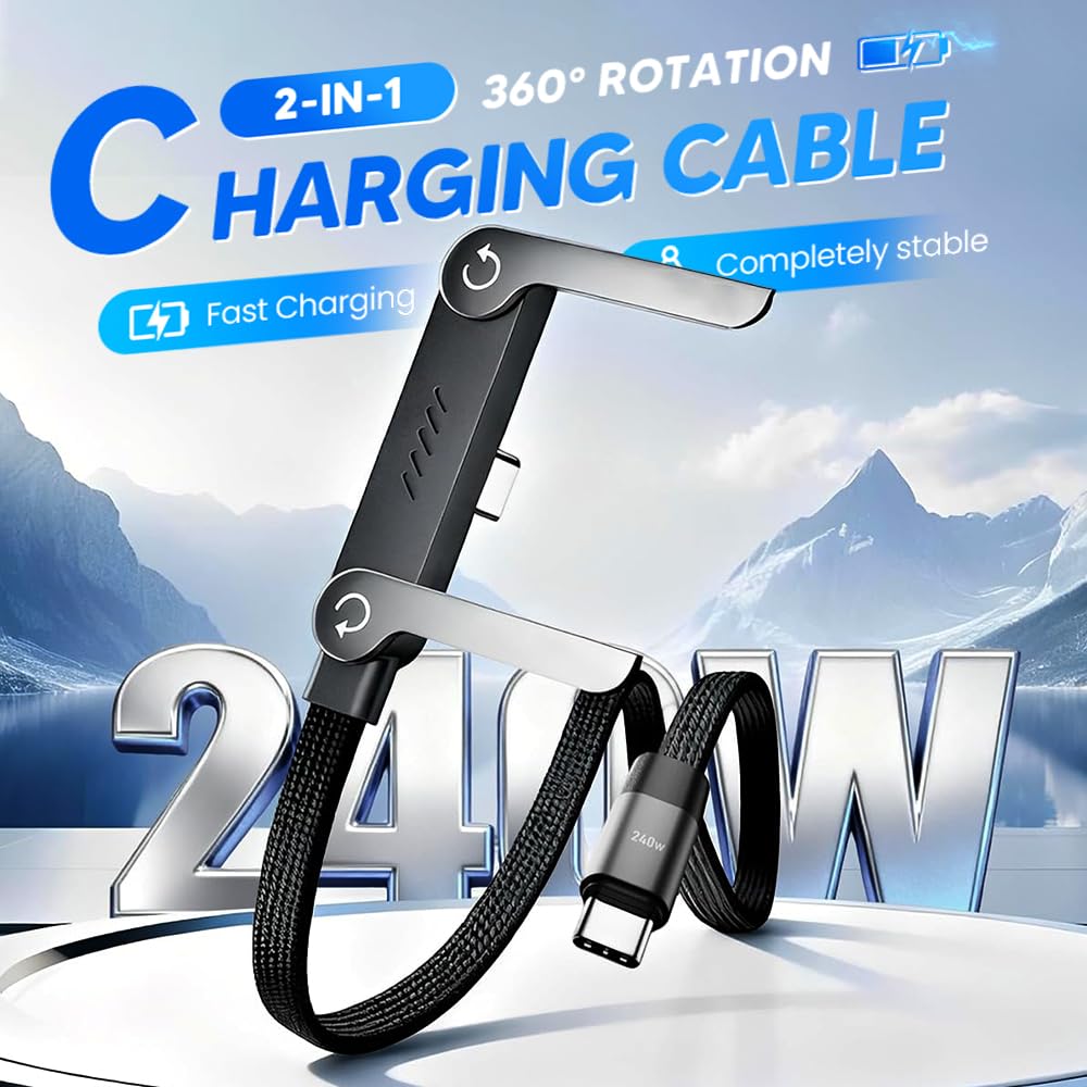 PUSKIU Cavo di ricarica USB-C da 240 W con supporto per telefono integrato, cavo di ricarica rapida intrecciato, cavo dati invisibile 2 in 1, design spesso con impugnatura in silicone (2 pezzi)