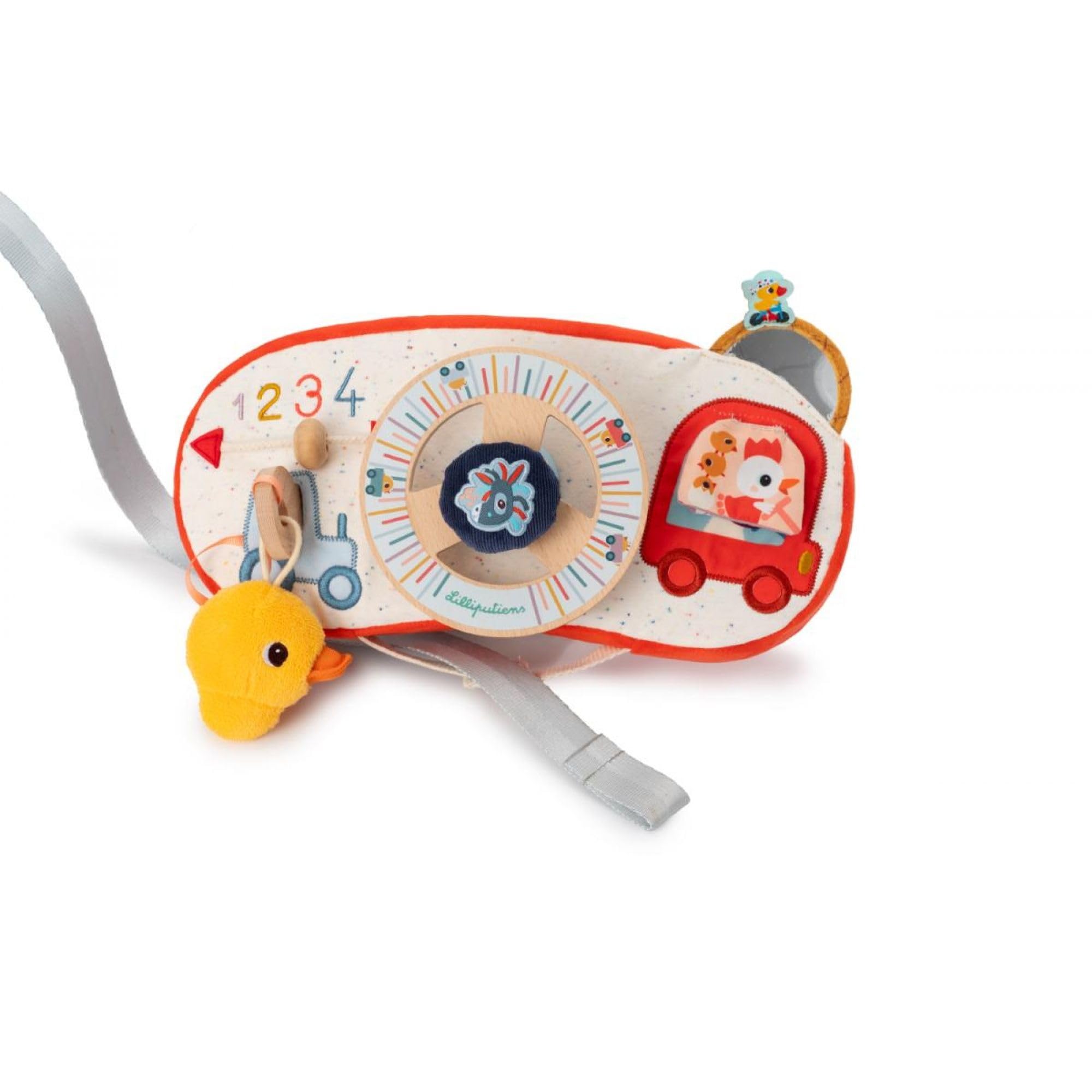 LILLIPUTIENS - Panneau d’activités Bébé - Idéal en Voiture - Jouet interactif avec Volant, clé et rétroviseur - Busy Board - Stimule la motricité et l’Imagination Enfant - Dès 12 Mois - 83526