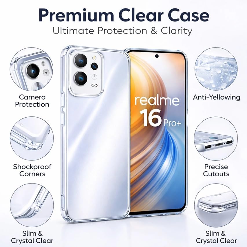 Image of REALCASE Silicone Back Cover Case, Scratch Resistant Protective Crystal Clear Transparent Shock Proof Back Cover Case for Realme 16 Pro Plus 5G
