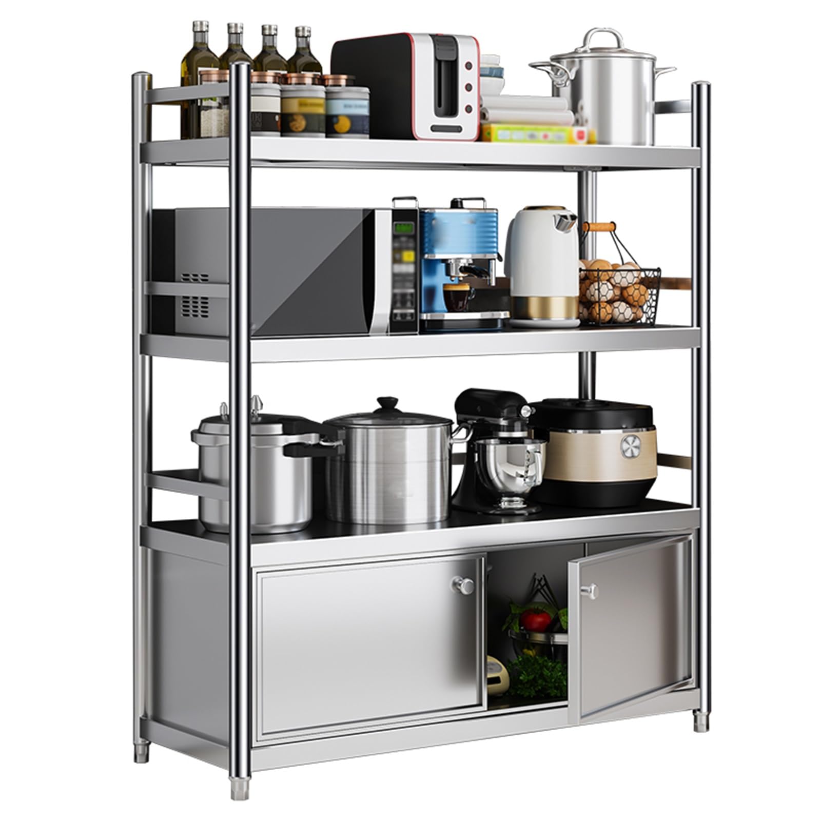 Estantería modular de cocina de acero inoxidable con armarios protegidos de cuatro alturas