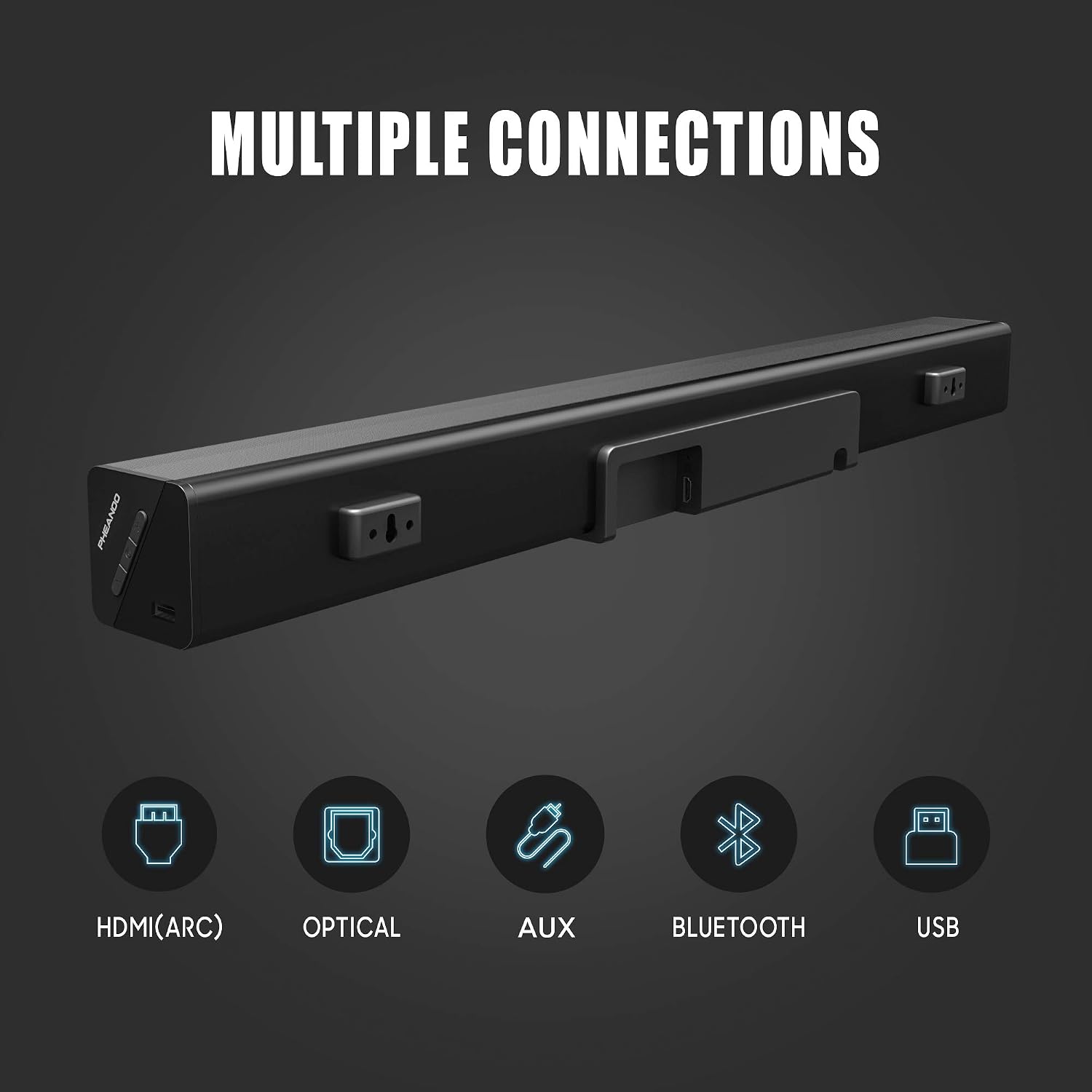 Rear view of the PHEANOO P27 Soundbar showing HDMI ARC, Optical, AUX, Bluetooth, and USB connection ports.
