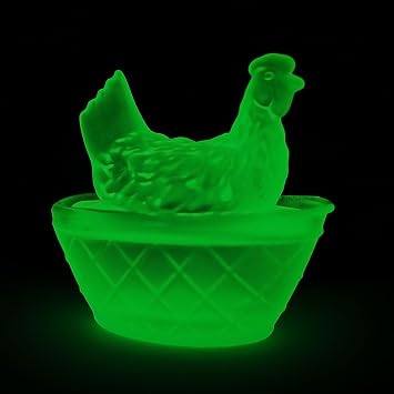Glass Hen on Nest - Mini Chicken Collectible Figurines for Easter Decor, Handmade Vintage Style Home Decorations, Christmas Tree Ornaments & Easter Basket Stuffers Glow-in-the-Dark