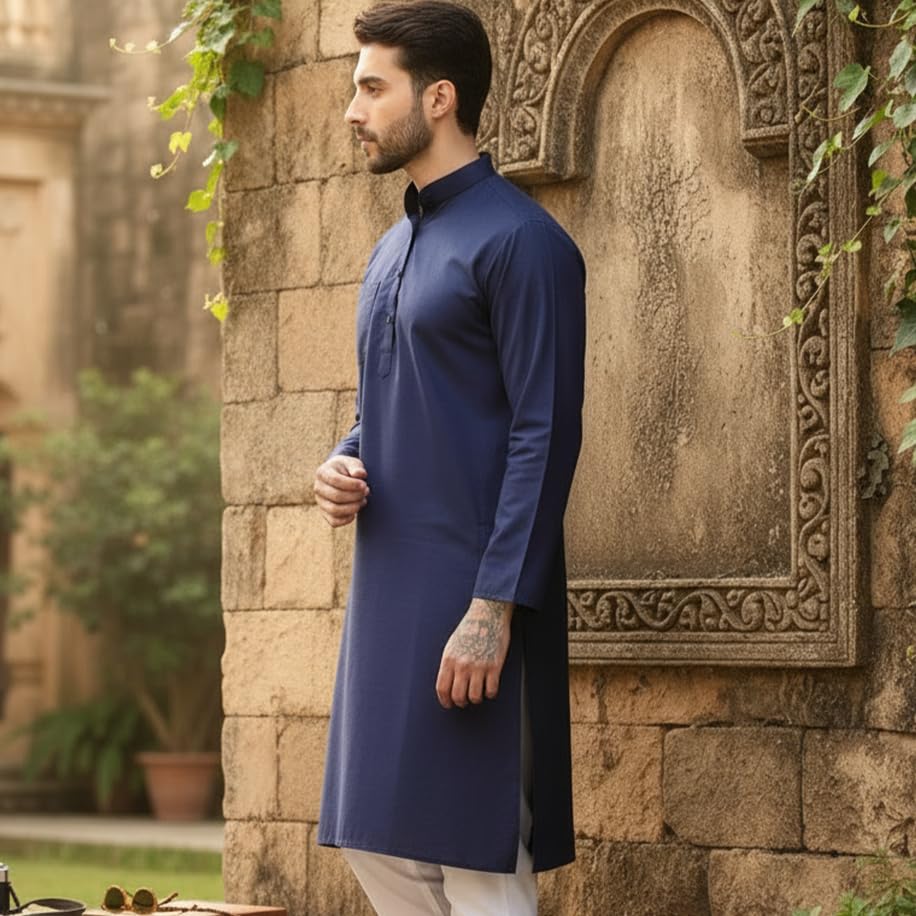 Image of Men's Cotton Blend Blend Knee Length Solid Color Style Stright Long Mandrin Collor Ethnic Casual Wear Kurta Only