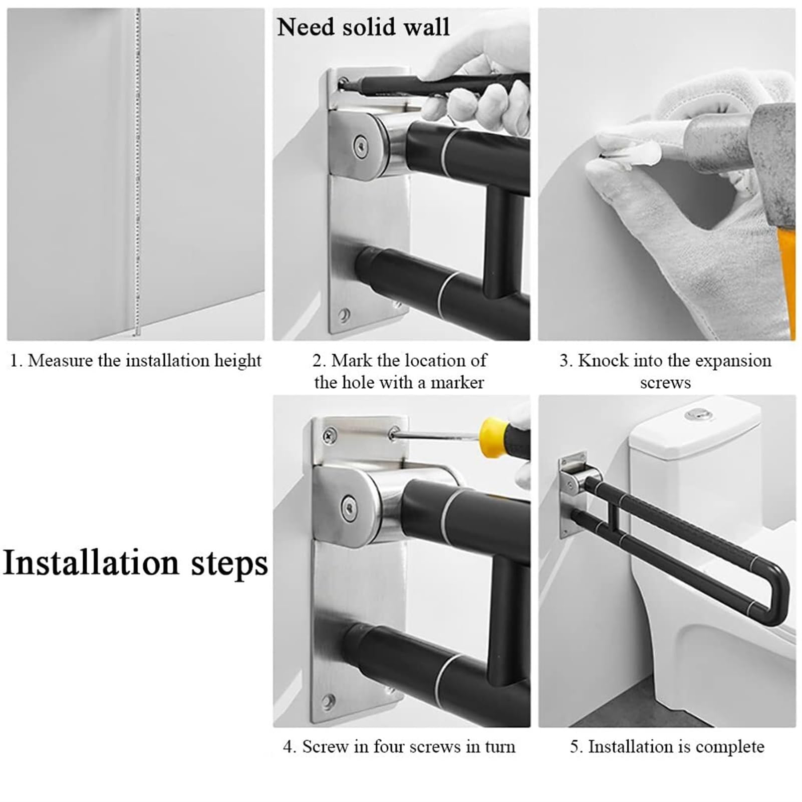 Maniglione for WC Pieghevole Lucido a Forma di U, corrimano for Bagno Ribaltabile Nero Opaco for Anziani disabili in Gravidanza, Aiuto for Doccia Pieghevole Senza Barriere a Parete(Black)