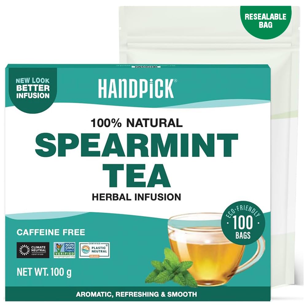 HANDPICK, Spearmint Tea Bags (100 Count) Non-GMO, 100% Pure Spearmint Leaf Tea Bags Certified by Tea Board of India | Round Eco-Conscious Teabags