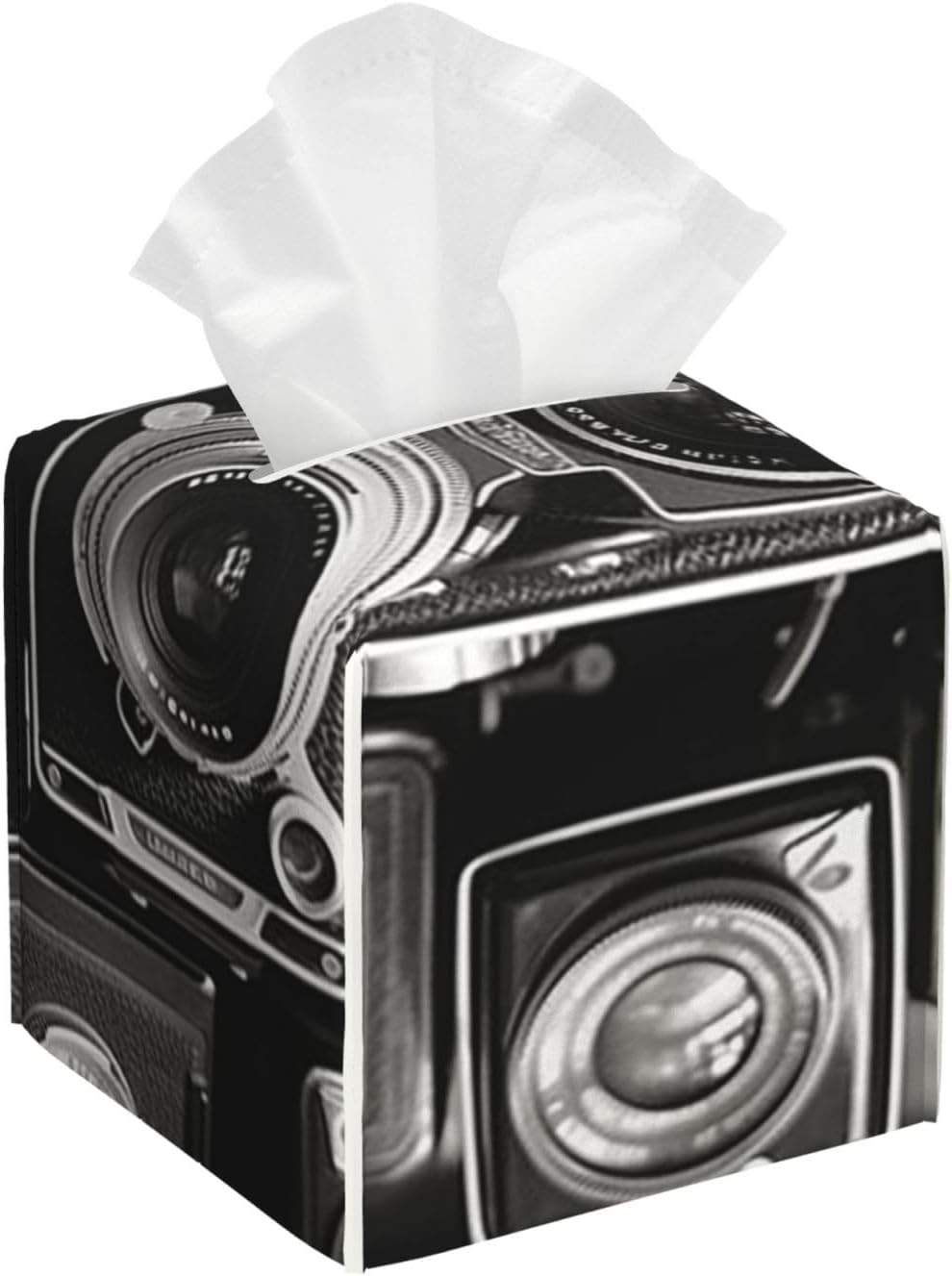 Pu Leather Cube Tissue Box Holders Modern Waterproof Square Tissue Box Cover Vintage Camera Facial Paper Holder for Bathroom Kitchen Nightstand Office Home Decor