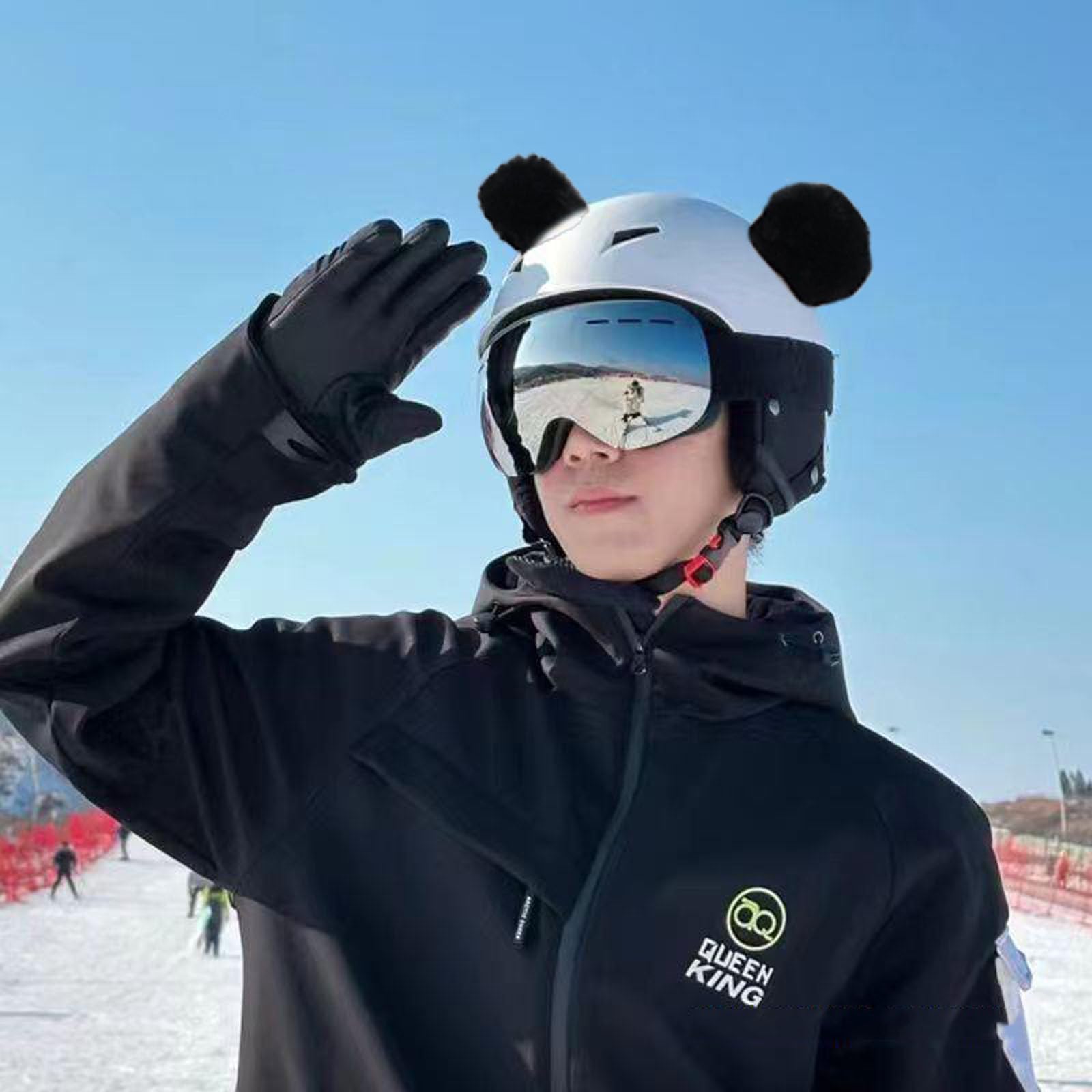 Golden Apple Cute Fuzzy Bear Ear Motocycle Helmet Decor with Sticker Plush Ski Helmet Bike Helmet Accessory Decoration (Black) - Image 3