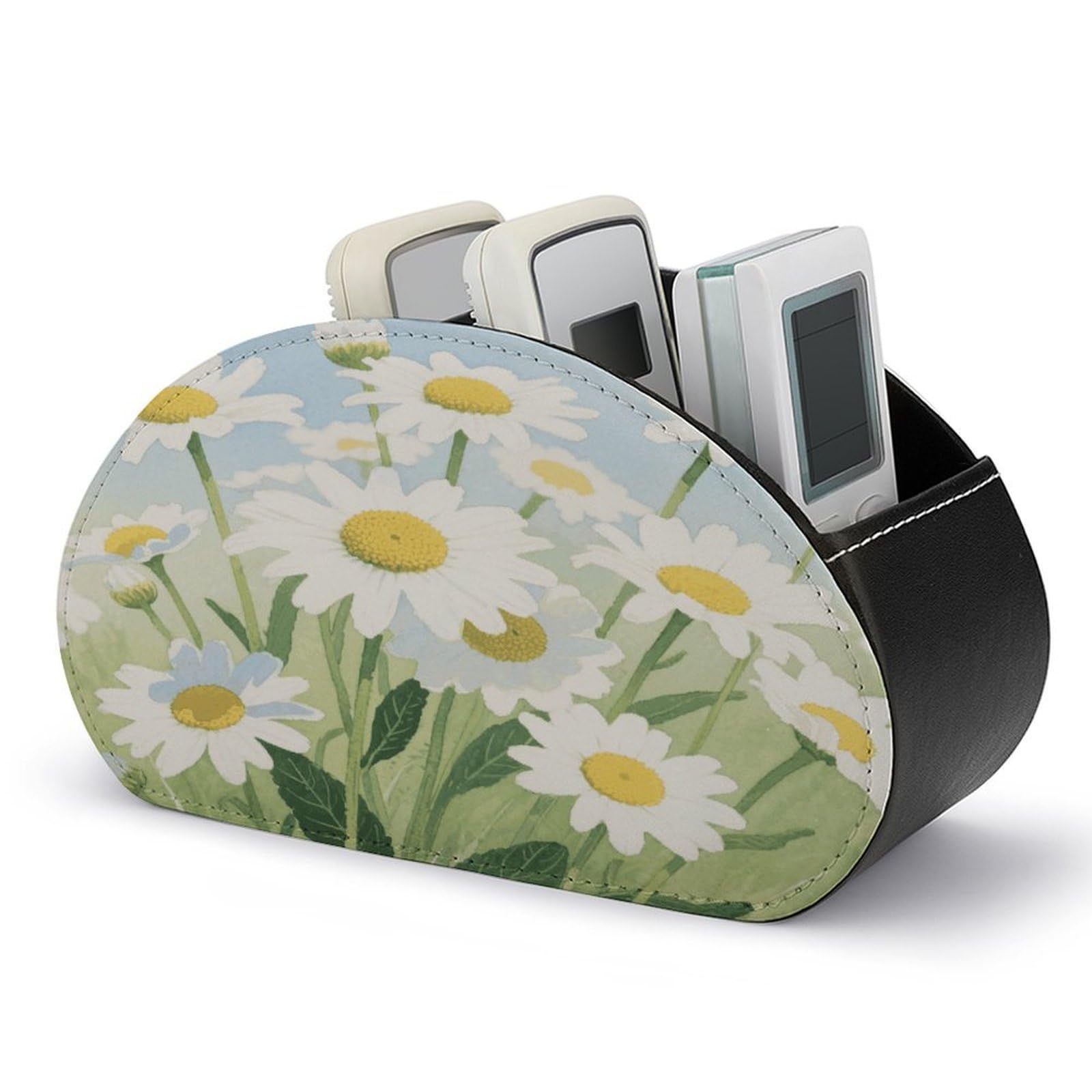 VstaDank Watercolor Daisy Remote Control Holder with 5 Compartments PU Leather TV Remoter Caddy Desktop Organizer TV Remote Holder Remote Box for Media Controllers Office Supplies