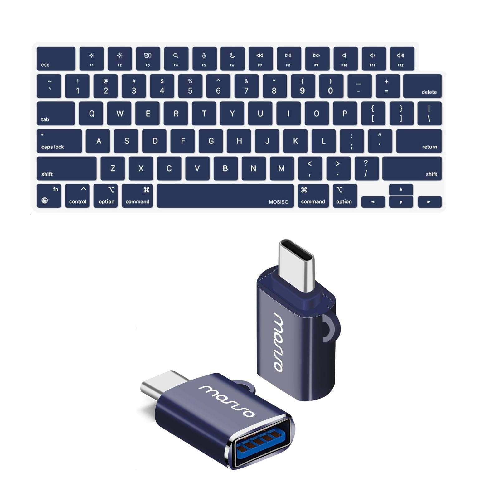 MOSISO USB C to USB Adapter 2 Pack&Keyboard Cover Skin Compatible with MacBook Air 15 inch M3 A3114 M2 A2941/Air 13.6 A3113 A2681/Pro 14/16 M4 M3 M2 M1, Navy Blue