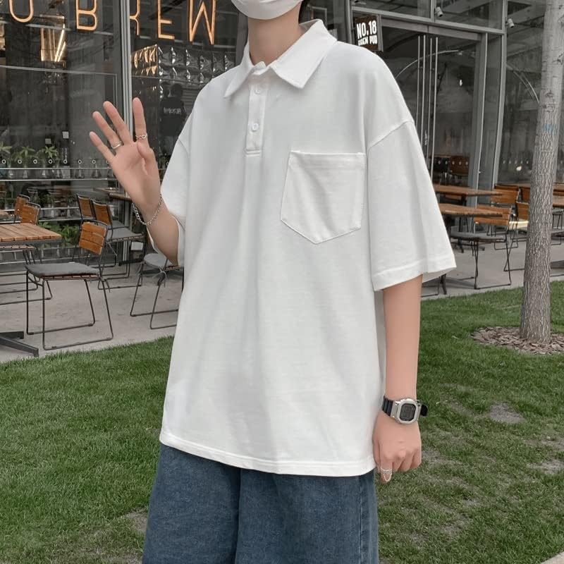 T-Shirts Men Pockets Green Loose Side-Slit Students Solid Half Sleeve Popular Clothes image 4