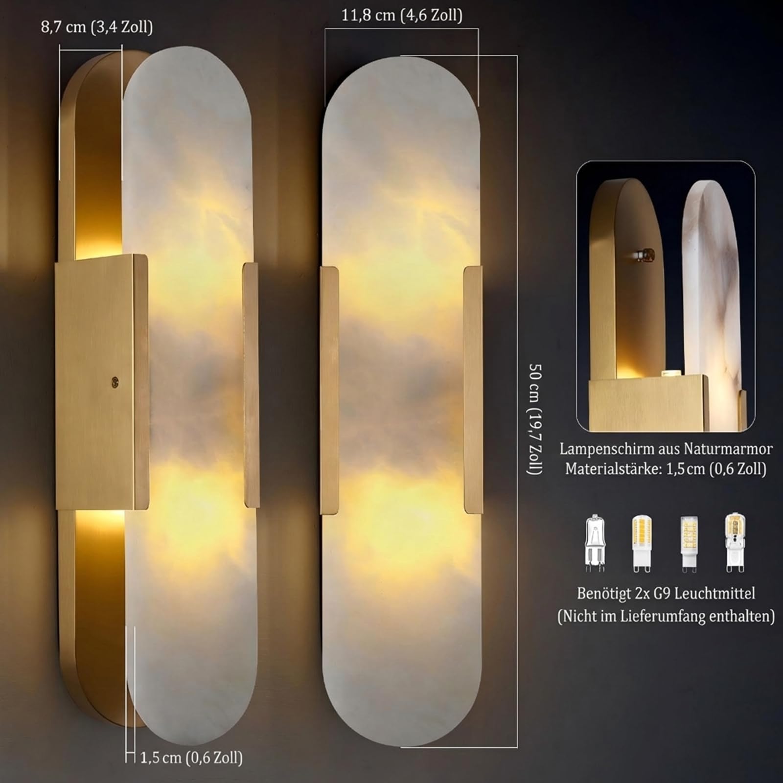 Marmor Wandleuchte Innen Gold Wandlampe 50CM,Spiegelleuchte Bad Messing Moderne Dekorationen Beleuchtung für Schlafzimmer, Wohnzimmer, Flur