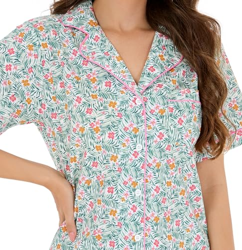 Image of LUBOT 100% Cotton Pajamas for Women 2 Piece PJ Set Poplin Woven Lightweight Ladies Button Short Sleeve Sleepwear S-XXL