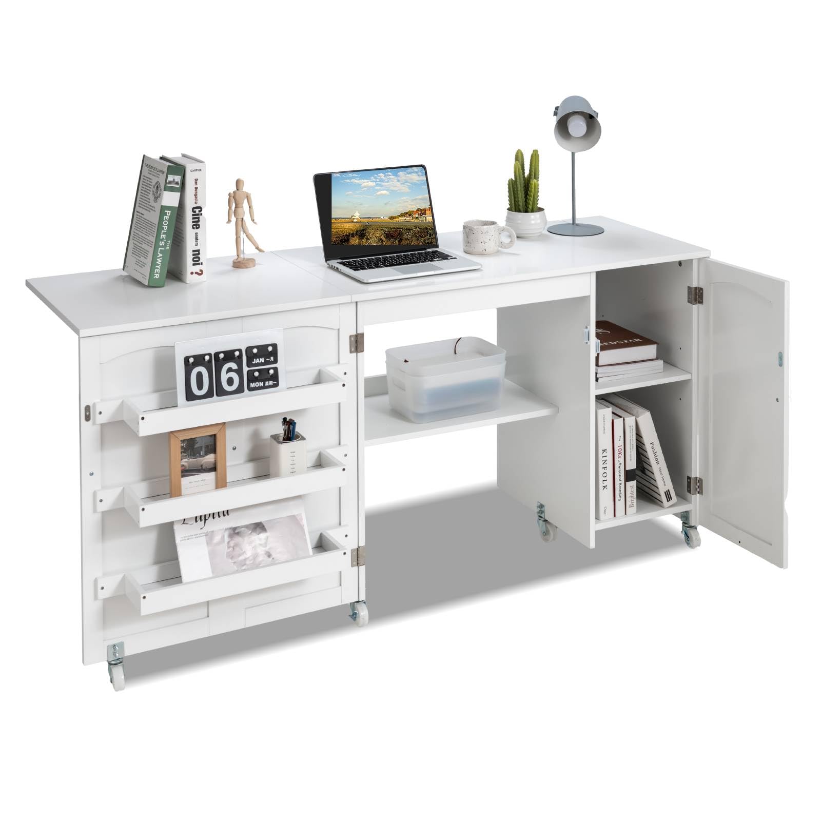 Multigot Folding Sewing Table, Large Drop Leaf Craft Table with Lockable Casters, 3 Storage Bins, Open Shelf and Cabinet, Mobile Sewing Machine Workstation Computer Desk for Home Office (White)