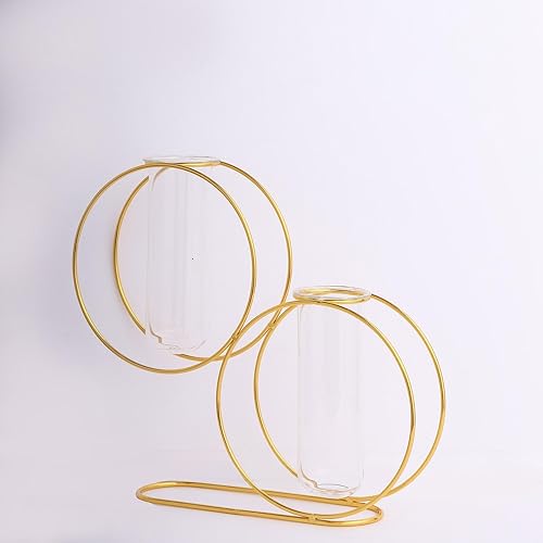 Miniatura 7 de Efavormart - Paquete de 2 jarrones de tubo de ensayo geométricos de metal dorado de 10 pulgadas, estilo nórdico, doble anillo, jarrón flotante de