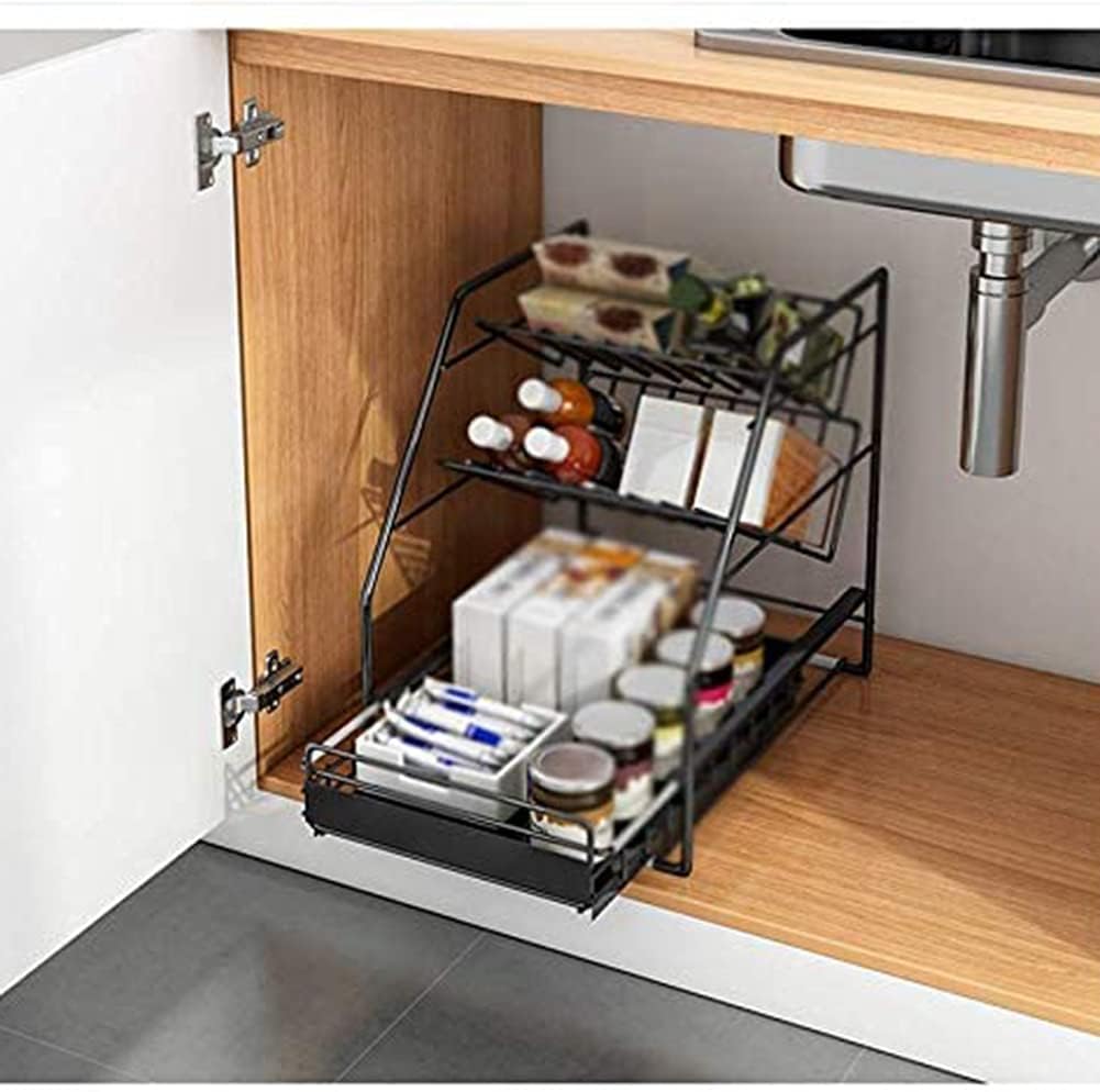 Pull Out Drawers Under Sink Under Sink Storage Kitchen 3 Tier Sliding Basket Stackable Cabinet Organizer for Under The Sink Space Saving in Kitchens Bathrooms