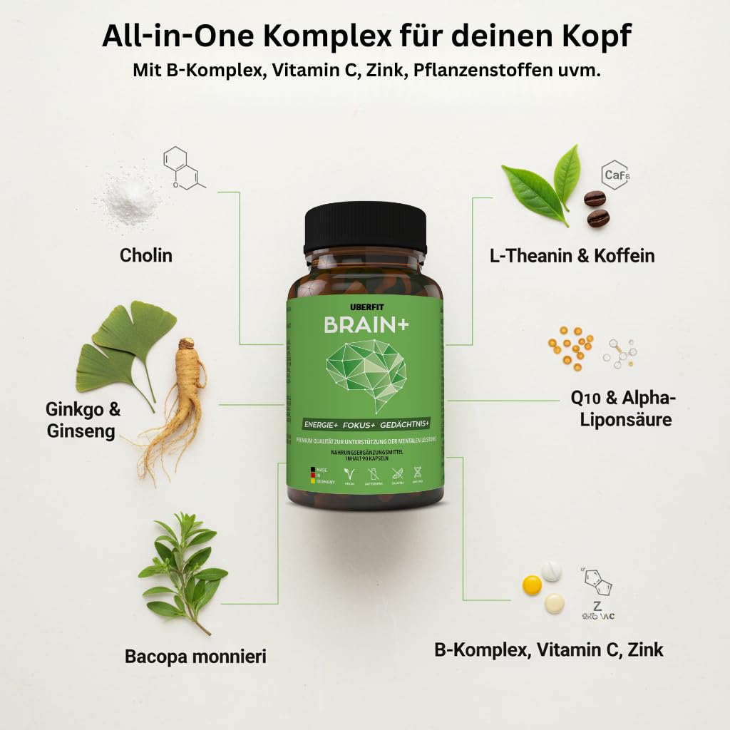 BRAIN+ Fokus & Gedächtnis Komplex - Vitamin B5 für geistige Leistung, Zink für kognitive Funktion, B12 gegen Müdigkeit - mit Cholin, Ginkgo & Ginseng - 90 vegane Kapseln, Made in Germany