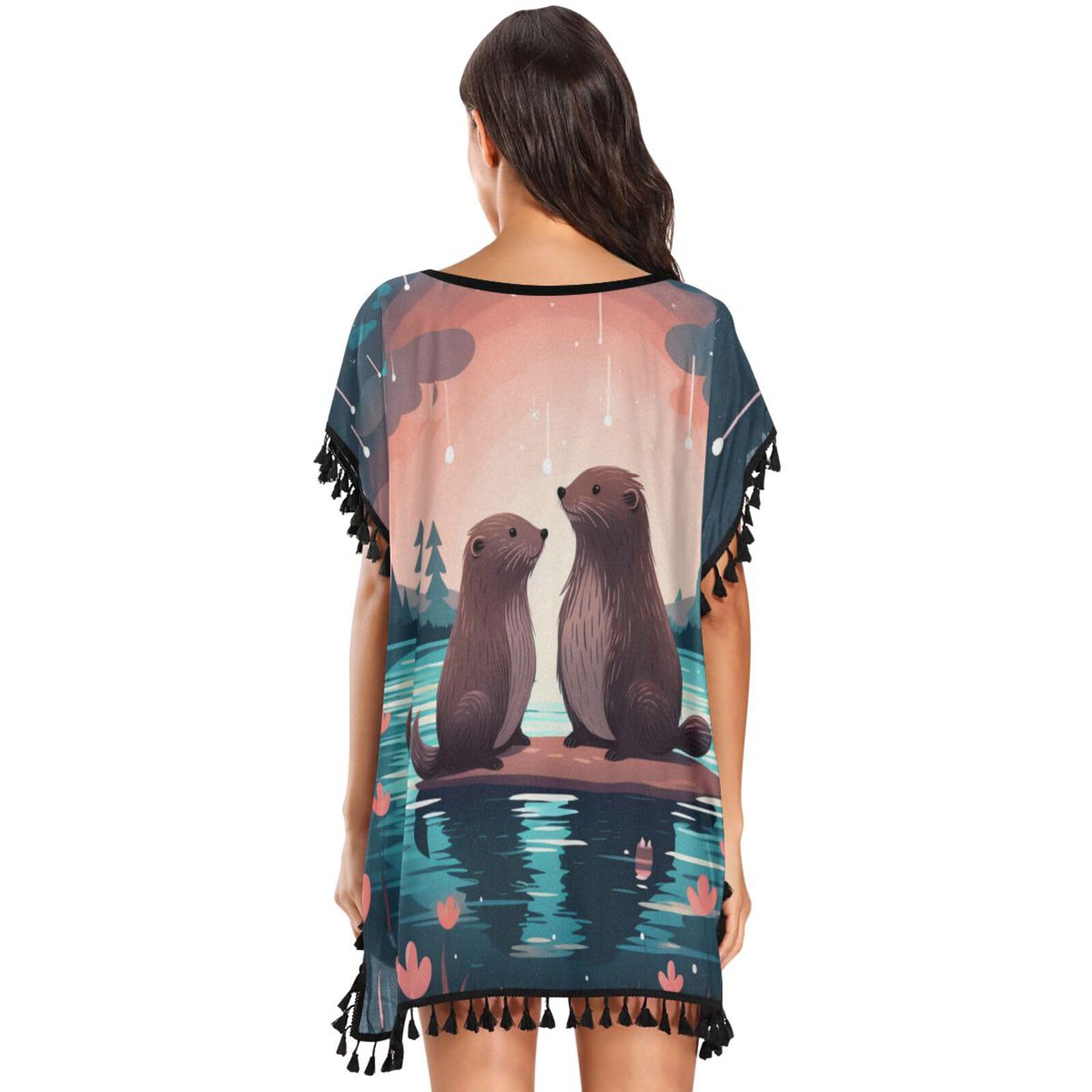 KAAVIYO Children Cartoon Beaver Women's Beach Cover Up Chiffon Tassel Swimwear Swimsuit Coverups for Girl