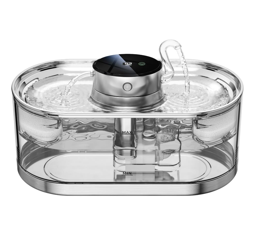 FENGMINGOO Cat Water Fountain,Stainless Steel Pet Fountain with Ultra-Silent Pump，3Lmotion sensor,Dual filtration system，Battery Operated,Automatic Pet Water Fountain(Stainless Steel)