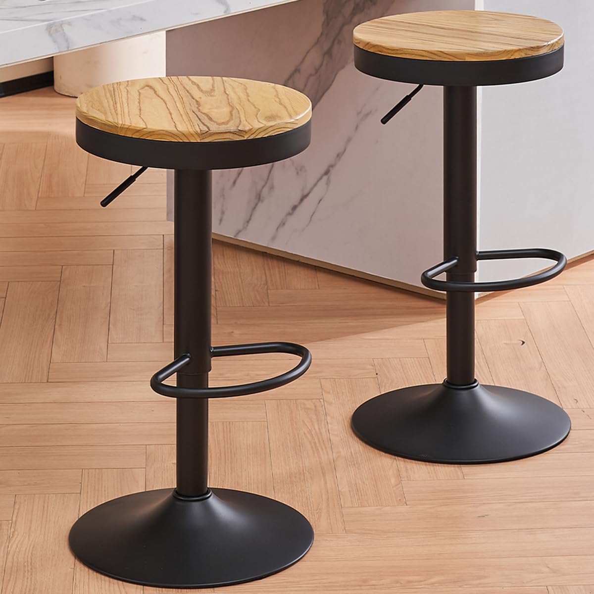 Kidol & Shellder Black Bar Stools Set of 2 Adjustable Swivel Backless Barstools Modern Round Wooden Seat Counter Height Bar Chairs Armless for Kitchen