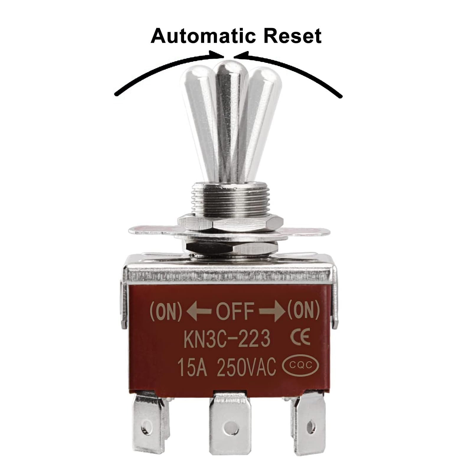 Baomain KN3C-223 DPDT Momentary Toggle Switch – (ON)-OFF-(ON) 6 Pin 3 Position, 15A 250VAC, 1/2 Inch Mounting Hole