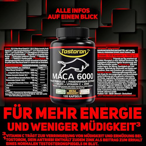 MACA Kapseln hochdosiert + extra stark - 120 Kapseln, Maca Pulver Extrakt, Tribulus terrestris, Pinienrinde, natürliches Vitamin C, Selen, Zink trägt zum Erhalt eines normalen TESTOSTERON SPIEGELS bei