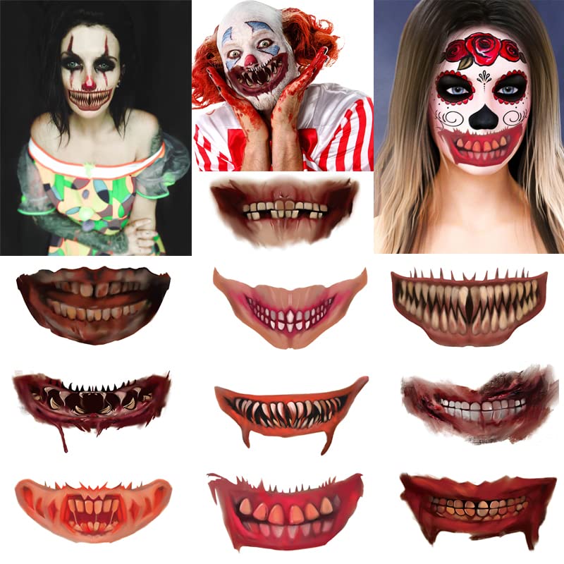 12 tatuajes faciales de Halloween – Tatuajes temporales de cara de Halloween aterradores 2023 para adultos, mujeres y hombres, calcomanías de