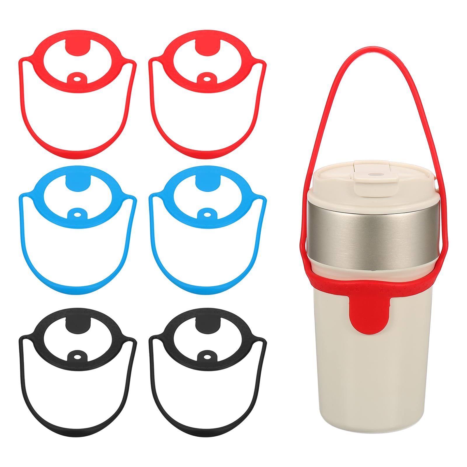 YELARXI Silicone Coffee Cup Carrier, Reusable Drink Carrier Tea Holder Sleeve Handle Strap with Straw Ring 6 Pcs & Red/Blue/Black -Fitting for (Travel/Take Out/Daily Use)