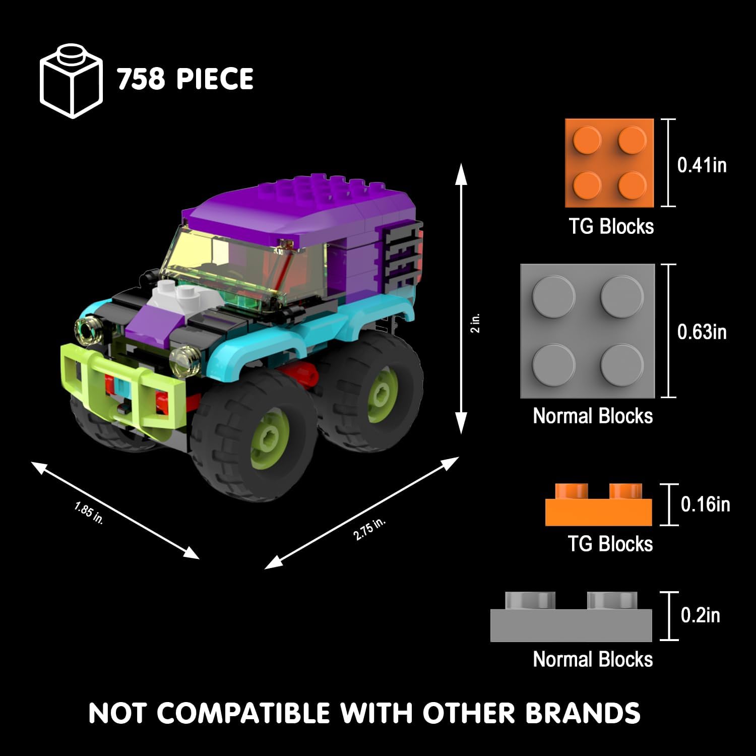 4 Pack Monster Truck Micro Brick Building Blocks Set, Pull Back Car Toy Vehicles Set, Birthday Party Favor or Gift for Teens Ages 8+ Kids