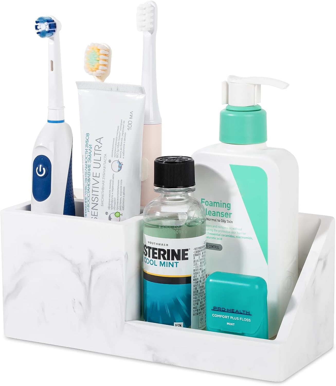 Diatomite Toothbrush Holders for Bathrooms, Quick Dry Electric Tooth Brush and Toothpaste Organizer Bathroom Accessories for Countertop, Vanity, Sink - Marble White