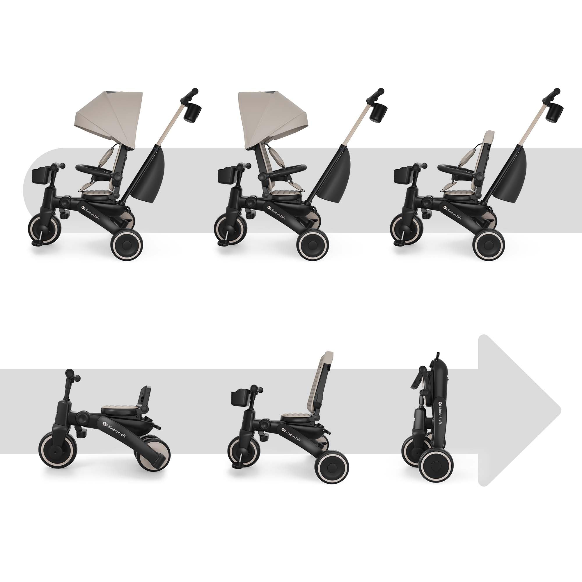 Kinderkraft Jazz 3 Triciclo, Asiento Giratorio 360°, posición semirreclinada, Plegable, Capota UPF 50+, Manillar para Padres, función de Bicicleta de Equilibrio, Beige