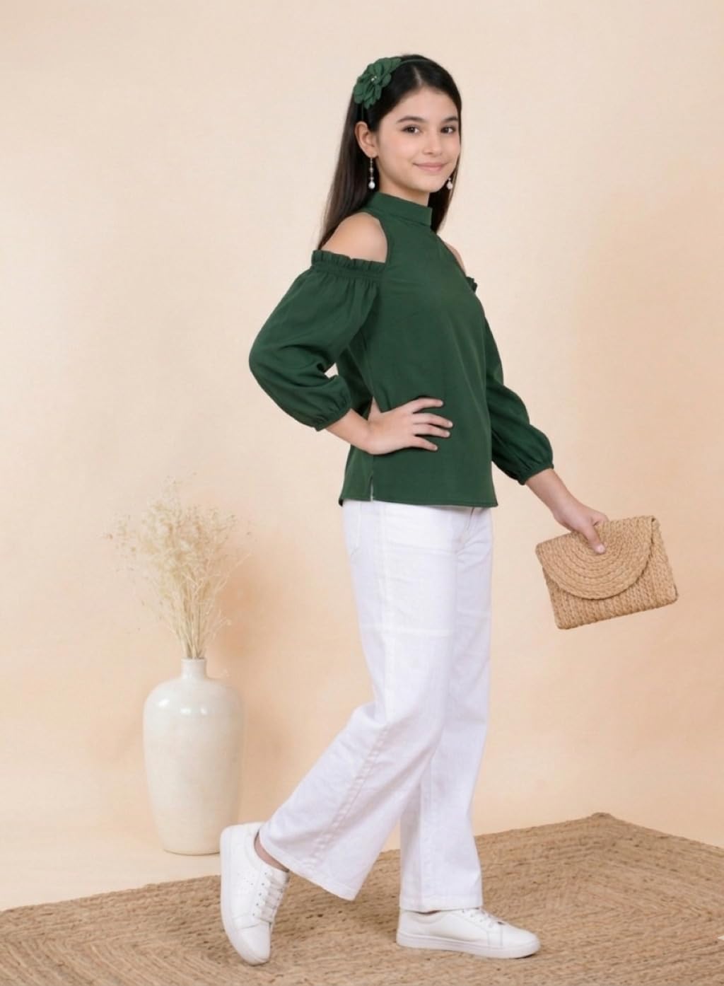 FELLAMO FM-Girls Cold Shoulder Full Sleevess TOP-189 Green 14-15Y 2