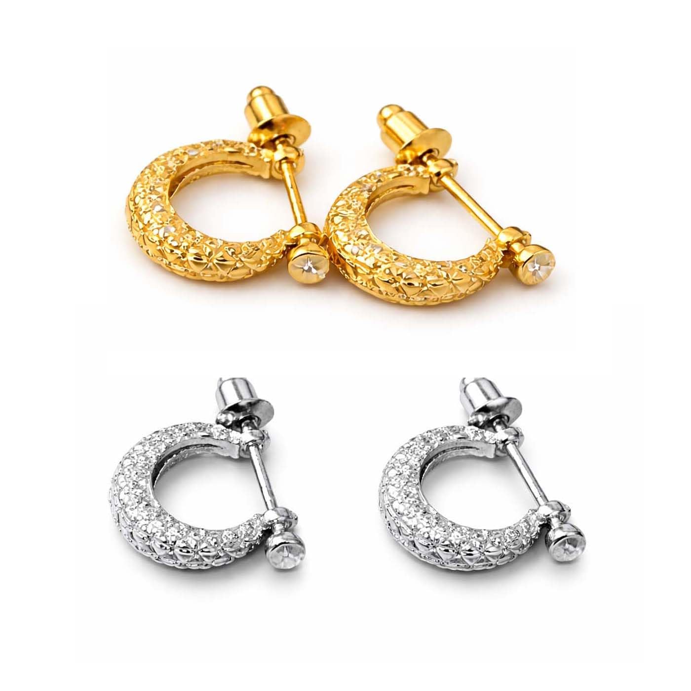 Combo of (2 Pair) Unisex Fancy & Stylish Trending Golden & Silver Stainless Steel Cubic Zirconia Kundal Bali/hoop Round Shaped Textured Design Clip on Metal Barbell Press Screw Ear Piercing Earrings for Men & Women-image-25
