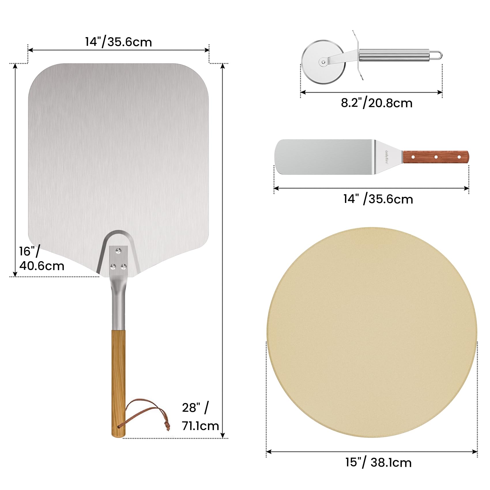 Onlyfire 4 PCS Kit de Piedra para Pizza para Horno de Pizza y Parrilla, Piedra para Pizza Redonda de 38 cm con Pala para Pizza, Espátula y Cortador de Pizza, Accesorios de Horno para Hacer Pizza y Pan