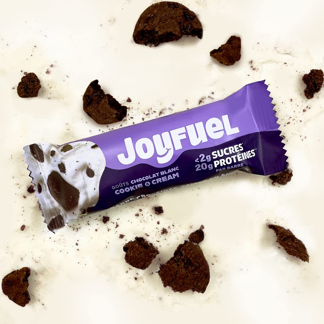 JOYFUEL Barrette proteiche – Gusto cioccolato bianco & Cookie & Cream – < 2 g di zucchero – 20 g di proteine – Scatola da 12 barrette x 55 g