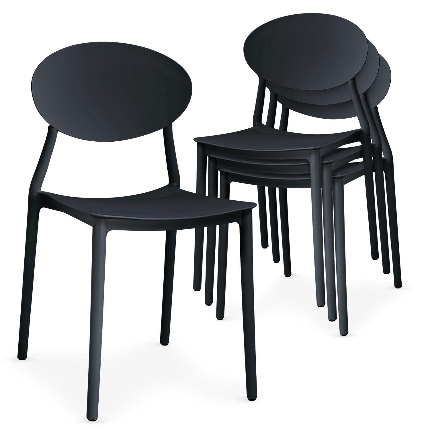 Menzzo Lot de 4 Chaises Empilables Balagan en Polypropylène Noir - Design Moderne, Idéales Salle à Manger et Cuisine